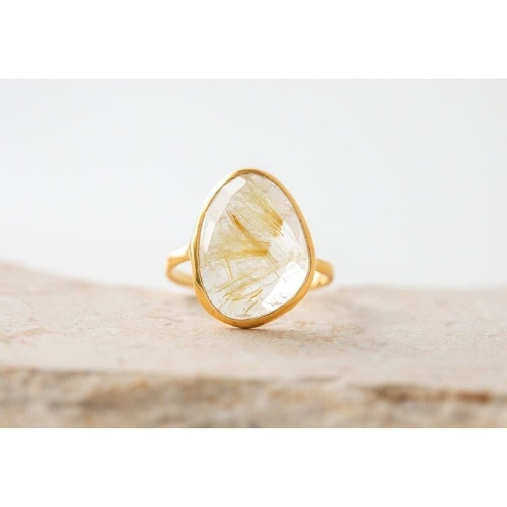 Gemstone Ring Golden Rutile Quartz Ring Statement Ring Gold Rutilated Quartz - Picture 3 of 13